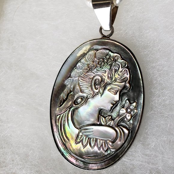 Vintage Lee sands abalone carved cameo fw pearls - Picture 3 of 7